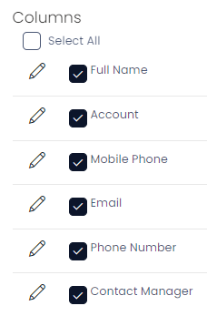 A list of columns for the contacts table that have been selected to be displayed. The columns each have a pencil button on the far right (where the attributes of the column can be edited). They also have a blue checkbox, which indicates whether or not a column will be displayed.